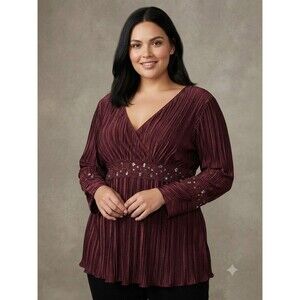 Cato Brown V-Neck Textured Blouse With Sequin Waist and Cuffs